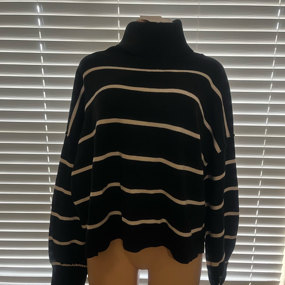 So Me Black and White Striped Turtleneck Sweater